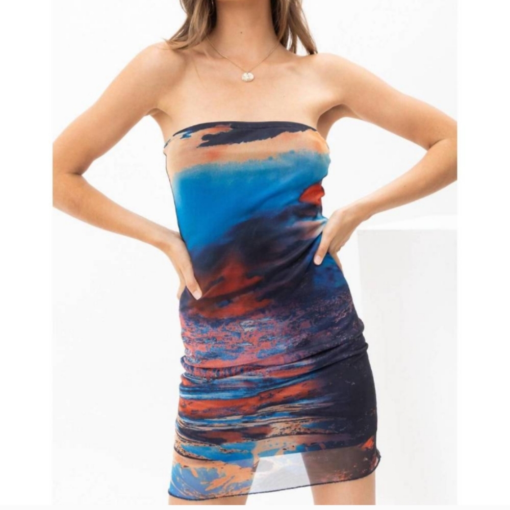 Pretty Garbage Dolls Kill Scenic Mesh Strapless Mini Dress Desert 90s Y2k